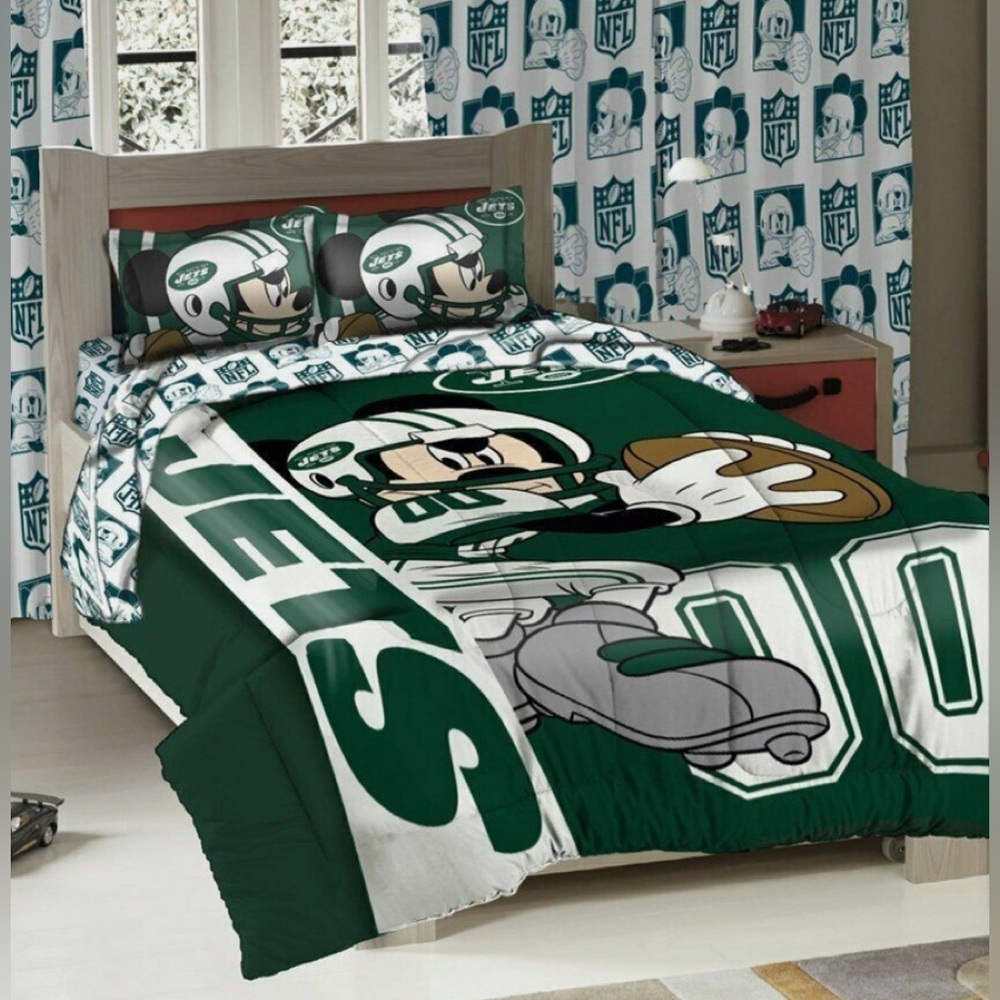 FULL DISNEY MICKEY MOUSE NFL COMFORTER W/ 2 PILLOWCASE SHAMS NEW YORK JETS GREEN